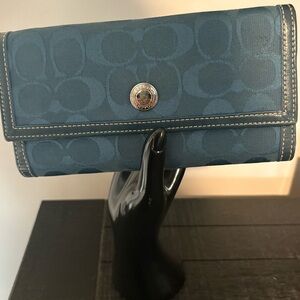 Coach Signature Blue WithLeather Trim Accordion Wallet